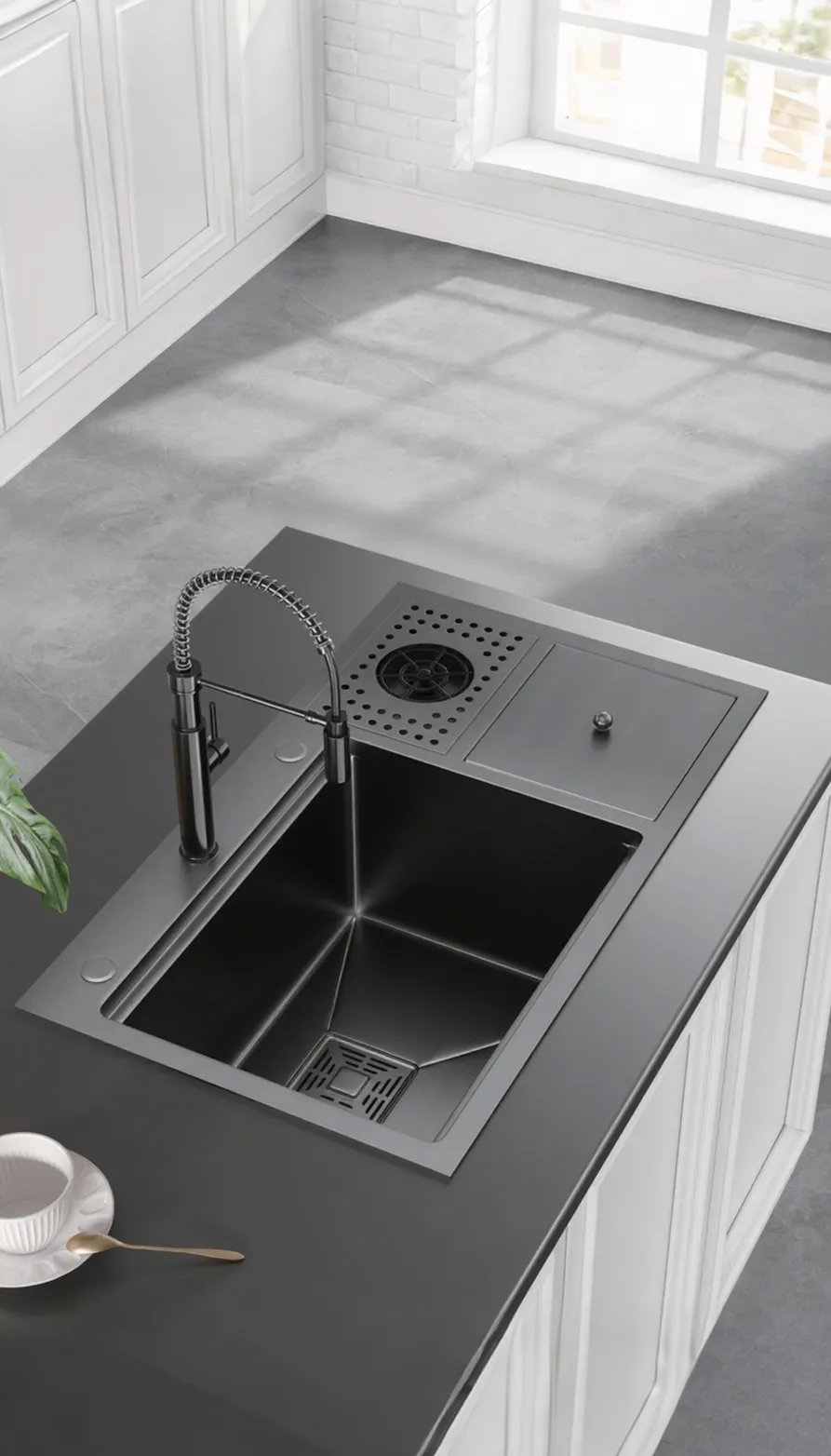 Minimalist black kitchen island with rectangular stainless steel sink, silver faucet, bright windows, white walls, and small plant decoration